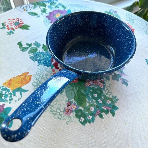 Vintage Blue Splatterware Enamel Ladle – Speckled Sauce Pan with Handle - Picture 1 of 12